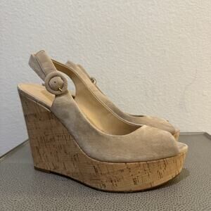 Veronica Beard Dali Peep Toe Platform Wedge Sandal SAND SUEDE 8.5 M